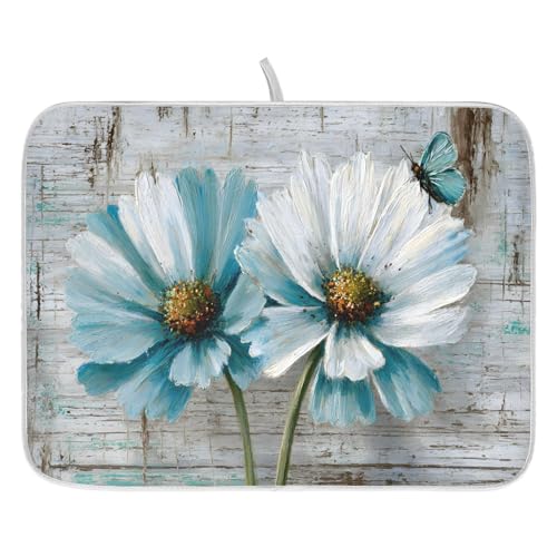 Rustic Teal White Daisy on Vintage Wooden Dish Drying Mat for Kitchen Counter Absorbent Microfiber Small Drying Pad Dish Mats for Kitchen Countertops 16 x 18 Inch
