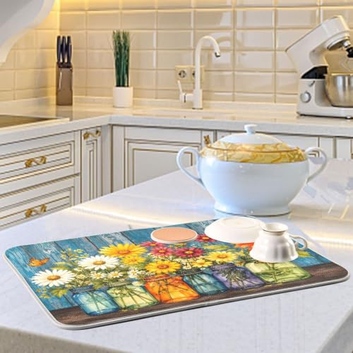 Daisy Flowers Vases Butterfly Dish Drying Mat for Kitchen Counter Absorbent Microfiber Drying Pad