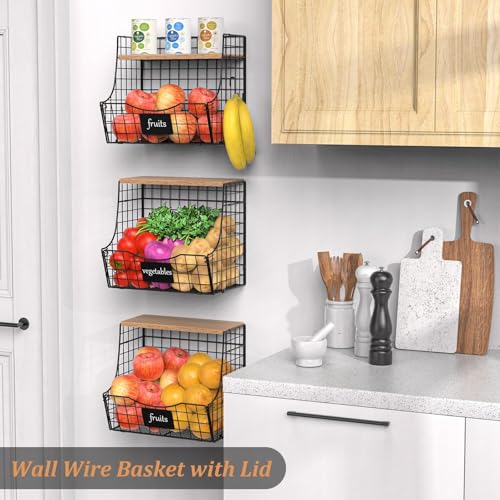 3 Pack wire Fruit Basket for Kitchen with Wood Lid (3 Count)