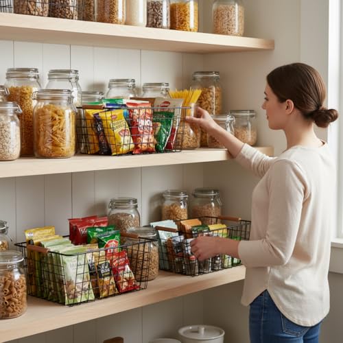 Large black wire baskets with Wooden Handles for storage pantry