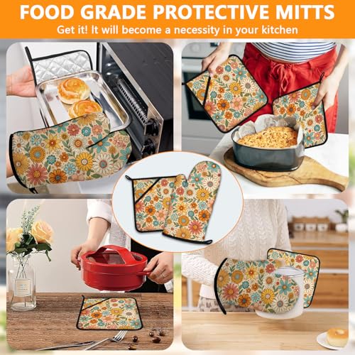 Boho Floral Oven Mitts and Colorful Flowers Pot Holders Sets 4Pcs