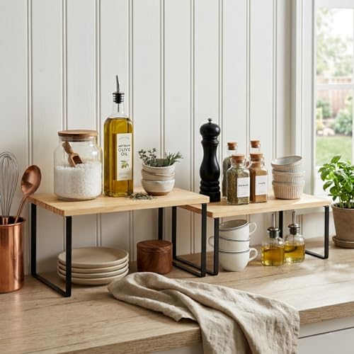 Large Cabinet Shelf Organizers Solid Wood Spice Rack Organizer for Cabinet Kitchen Countertop Storage (2 Set)