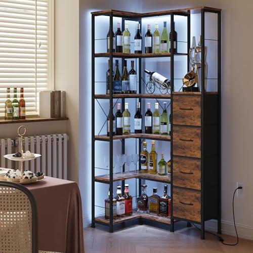 6 Tier Corner Bookshelf with LED and 4 Fabric Drawers (7 Count)