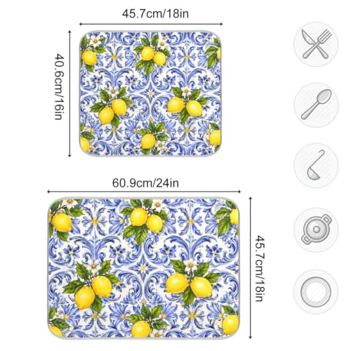 Lemon Blue Tiles Dish Drying Mat for Kitchen Counter Absorbent Microfiber Drying Pad