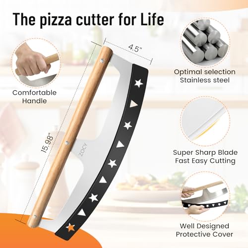 Pizza Cutter Rocker with Wooden Handles & Protective Cover by ZOCY