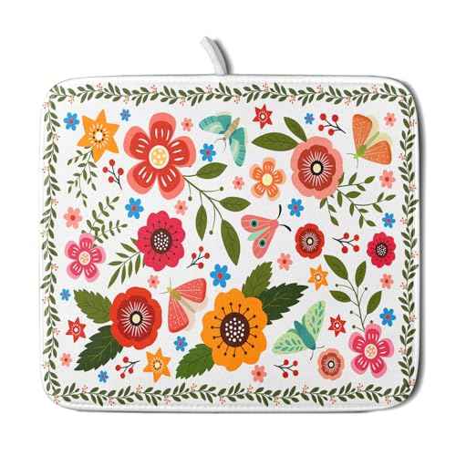 Colorful Boho Floral Dish Drying Mat 16x18 Inch Dishes Dry Pad Drainer Rack Mats Absorbent Hanging Loop Kitchen Counter Bar Accessories