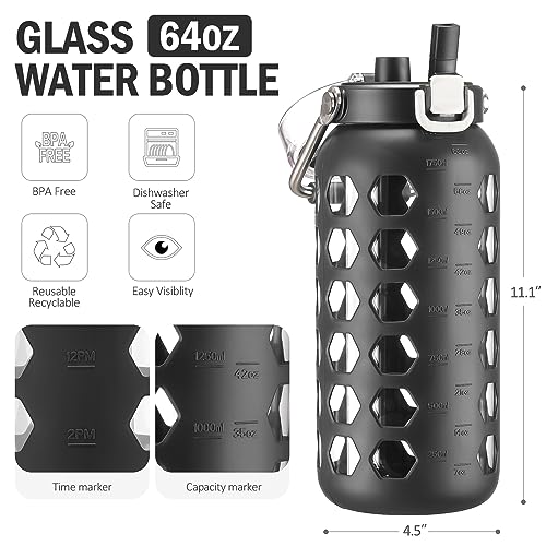 64oz Glass Water Bottle with Straw and Lid