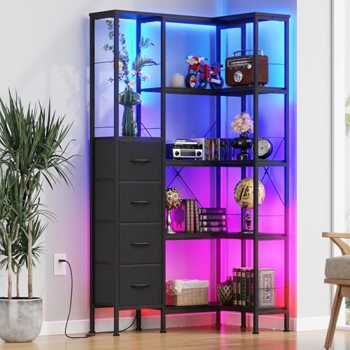5 Tier Corner Bookshelf with LED Light Strips (6 Count)