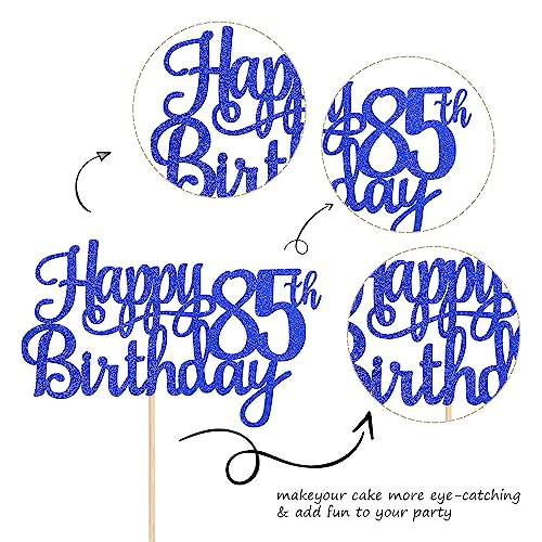 1 PCS Happy 85th Birthday Cake Topper Glitter Cheers to 85 Years Birthday Cake Pick Eighty Five 85 Fabulous Cake Decoration for Happy 85th Birthday Theme Party Decorations Supplies Blue