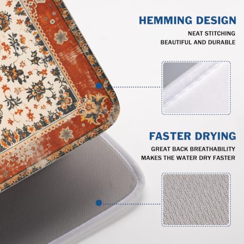 Ethnic Boho Dish Drying Mat Rust Coral Floral Decorative Dishes Pad 18x24 Inch Absorbent Fast Dry Drainer Rack Mats for Kitchen Countertop