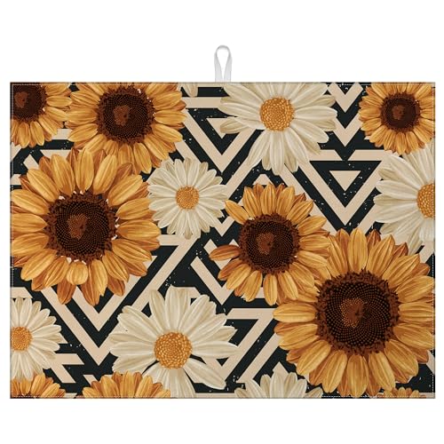 Vintage Sunflower Daisy Dish Drying Mat for Kitchen Counter Microfiber Absorbent Dish Kitchen Drying Mat Draining Reusable Washable for Dishes