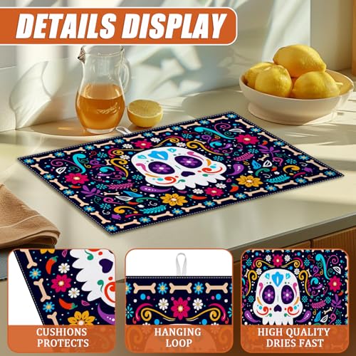 Sugar Skull Dish Drying Mat for Kitchen Counter Microfiber Absorbent Dish Day of the Dead Kitchen Drying Mat Draining Reusable Washable for Dishes