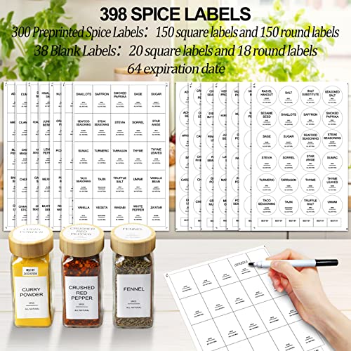 Glass Spice Jars with Bamboo Lid & 398 Label for Cabinet & Drawer Organizer