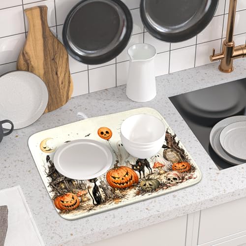 Halloween Pumpkin Ghost Dish Drying Mat Black Cat Microfiber Dishes Pad 16x18 Inch Holiday Dish Drainer Rack Mats for Kitchen Counter Sink