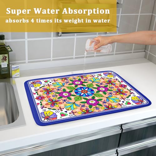Mexican Talavera Dish Drying Mat Navy Blue Large Microfiber Dish Drain Pad for Kitchen Decor 18 x 24 In