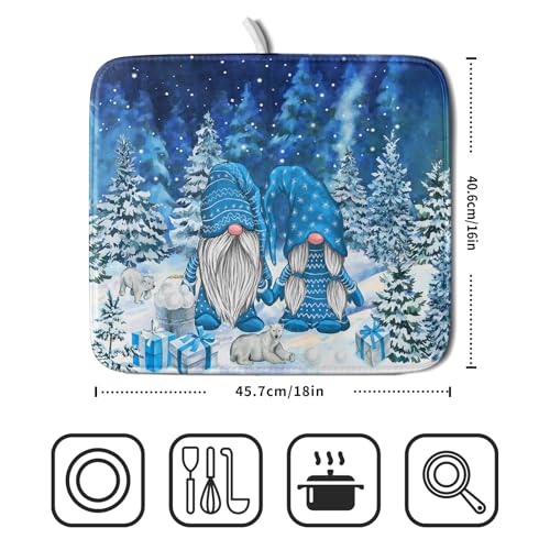 Winter Blue Gnome Dish Drying Mat for Kitchen Counter Pine Tree Microfiber Dish Pad Absorbent Reversible Fast Dry Draining Mats 16x18 Inch