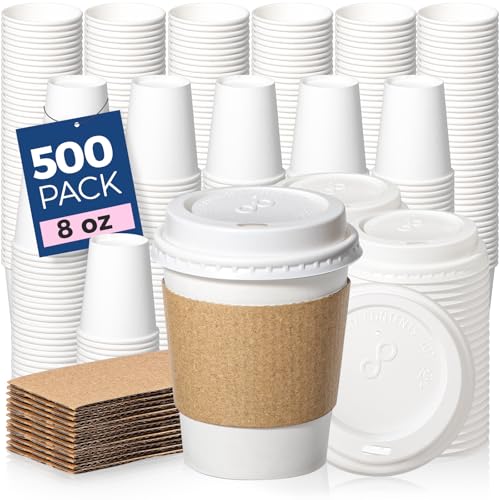 500 Pack 8 oz Disposable Coffee Cups with Lids (500 Count)