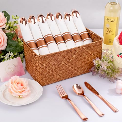400PCS Pre Rolled Rose Gold Plastic Silverware Heavy Duty for Party (400 Count)