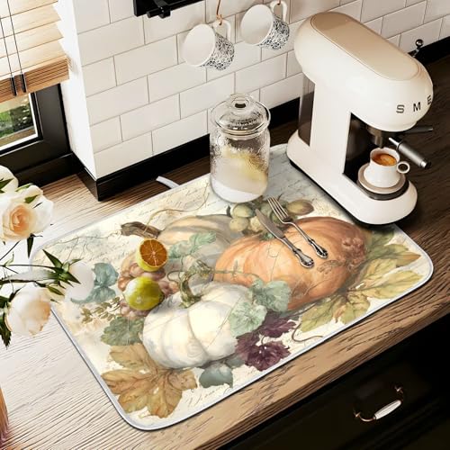 Autumn Pumpkin Fall Leaves Thanksgiving Dish Drying Mat for Kitchen Counter Absorbent Microfiber Large Drying Pad Dish Mats for Kitchen Countertops 18 x 24 Inch