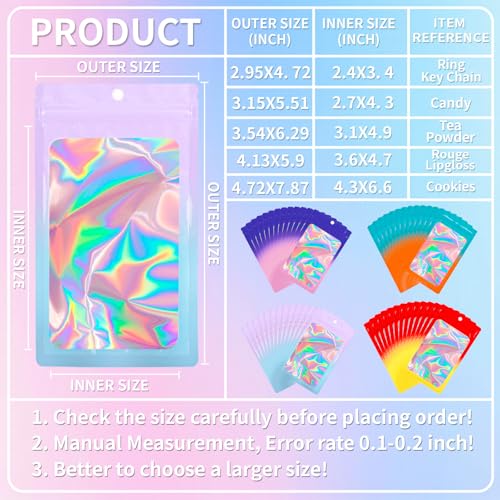 200 Pack Resealable Mylar Holographic Bags Food Storage Smell Proof Bags with Front Window Foil Packaging Pouch for Candy Sample Jewelry Small Business 3.15×5.51 Inch (200 Count)