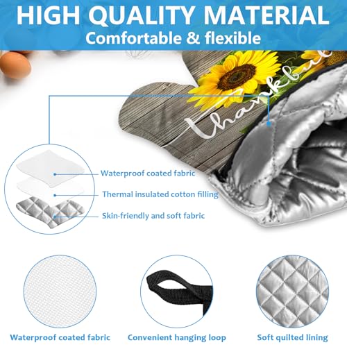 Sunflower Wood Grain Oven Mitts and Pot Holders Sets Heat Resistant 4Pcs Potholders Oven Gloves Hot Pads for Kitchen Baking Cooking Grilling BBQ (4 Count)