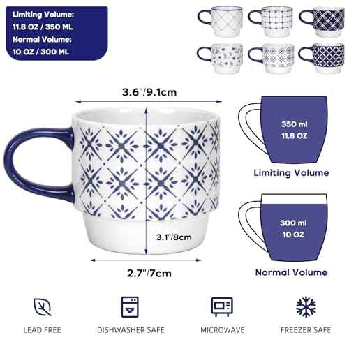 12 OZ Stackable Ceramic Coffee Mugs set of 6 (6 Count)