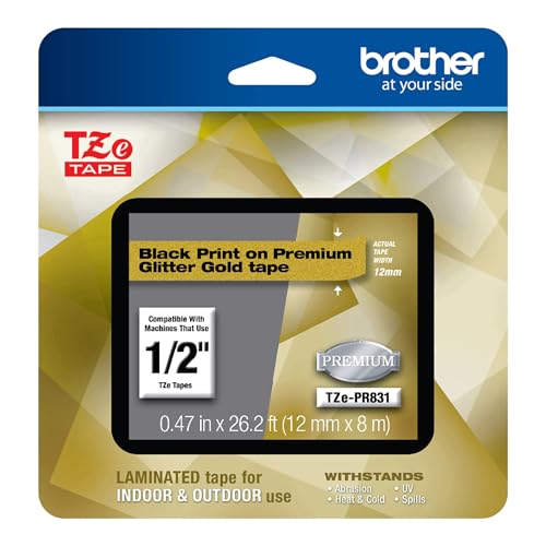 P-Touch TZe-PR831 Black Print on Premium Laminated Tape 12mm (0.47”) Wide x 8m (26.2’) Long, Glitter Gold, TZEPR831 (26.2 Foot)