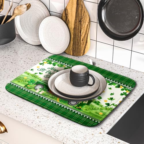 Shamrock Truck Dish Drying Mat Buffalo Check Dish Drainer Mat 16x18 inch Reversible Microfiber Quick Dry Rack Pad for Kitchen Counter Sink