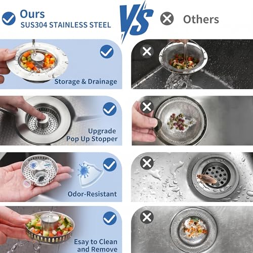 3 in 1 Kitchen Sink Drain Strainer & Pop Up Sink Stopper 2 Pack (2 Count)