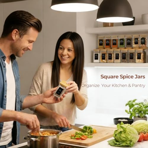 Square Glass Spice Jars with Labels 6 oz 12 Pack with Bamboo Lids (12 Count)