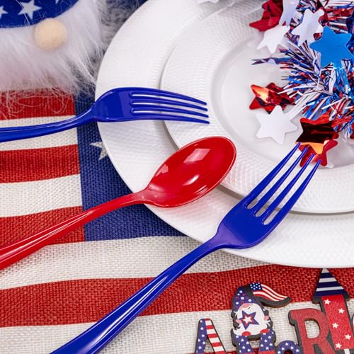 200Pcs 4th of July Red Blue Disposable Plastic Silverware (200 Count)