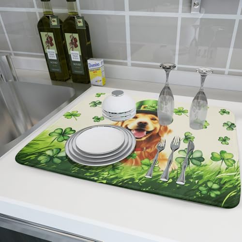 St Patrick's Day Dog Dish Drying Mat 18x24 inch Green Shamrock Dishes Pad Absorbent Microfiber Dish Drainer Mat for Kitchen Counter Coffee