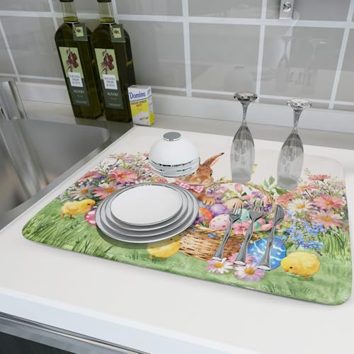 Easter Rabbit Eggs Dish Drying Mat for Kitchen Counter 18x24 Inch Spring Flowers Large Microfiber Dish Drainer Rack Mats