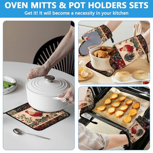 Rustic Rooster Oven Mitts and Pot Holders Sets Heat Resistant 4Pcs Potholders Oven Gloves Hot Pads for Kitchen Baking Cooking Grilling BBQ (4 Count)