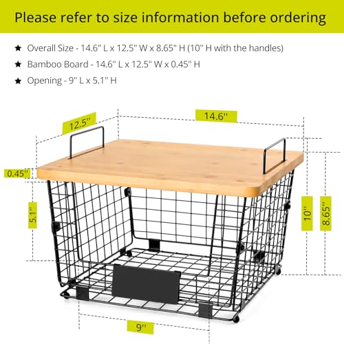2 Set XXL Stackable Wire Basket with Bamboo Tops & Tag (2 Count)