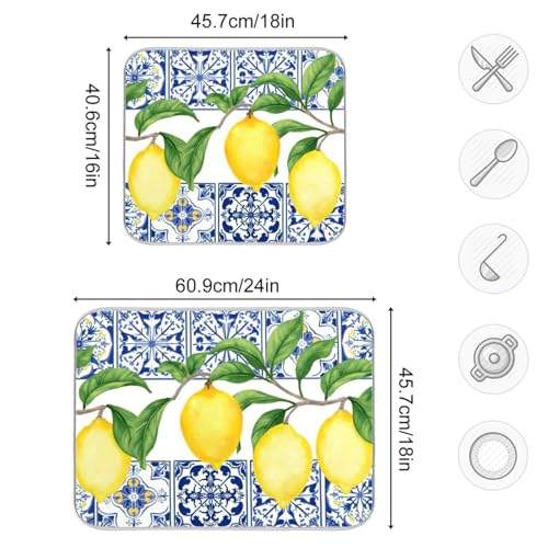 Lemon Blue Tiles Dish Drying Mat for Kitchen Counter Absorbent Microfiber Drying Pad