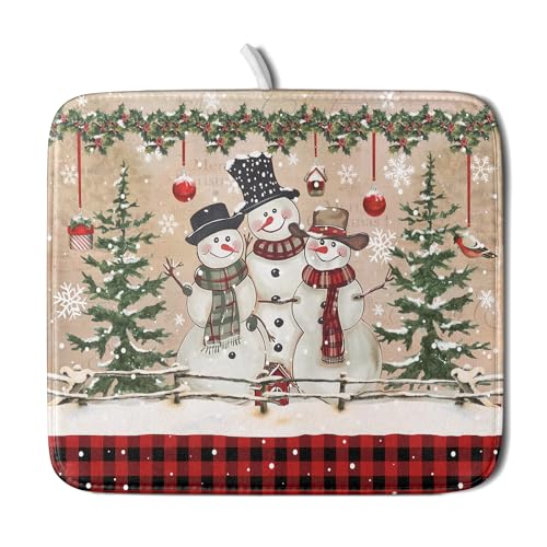 Winter Snowman Dish Drying Mat 16x18 Inch Red Buffalo Plaid Holiday Dish Drainer Mat Absorbent Dish Rack Pad for Kitchen Counter Sink Decor