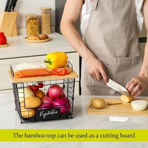 2 Set Large Stackable Wire Basket with Bamboo Tops & Tag (2 Count)