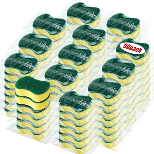90 Pcs Individually Wrapped Sponges Kitchen Bulk Non Scratch Scouring Sponges for Dishes Household Cleaning Travel Apartments Hotel Car (90 Count)