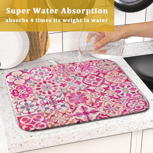 Pink Mexican Tiles Dish Drying Mat Absorbent Microfiber Dish Drying Pad for Kitchen Multi
