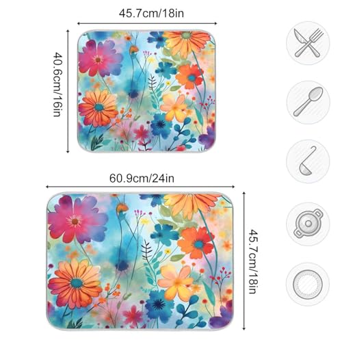 Colorful Flowers Blue Dish Drying Mat for Kitchen Counter Absorbent Microfiber Drying Pad