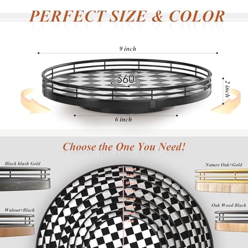 9 Inch Black and White Checkerboard Lazy Susan with Oak Base
