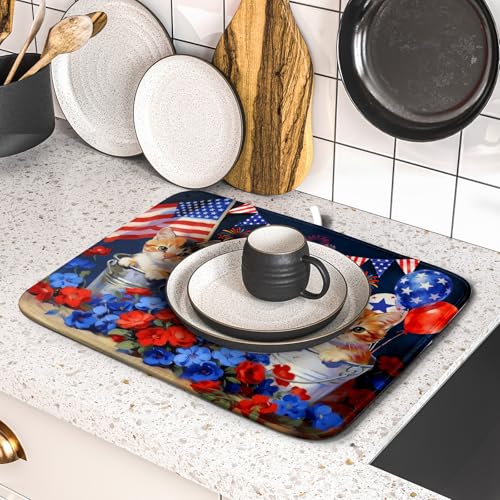 4th of July Dish Drying Mat Patriotic Cats Dish Drying Rack Mat for Kitchen Counter Small