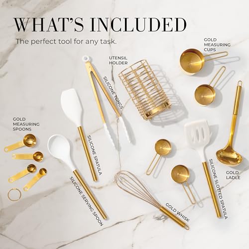 White and Gold Kitchen Utensils Set with Holder (15 Count)