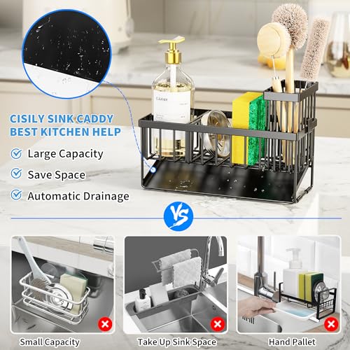 Sink Caddy Sponge Holder for Kitchen with Brush Holder and Stainless Steel Self Drain Tray