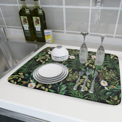 Green Botanical Dish Drying Mat 18x24 Inch Plant Leaf Fast Dry Dish Drainer Rack Mats Absorbent Microfiber Protector for Countertops Sinks