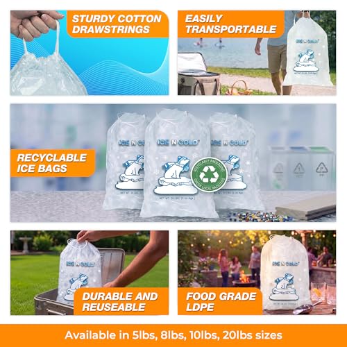20lb Ice Bags with Cotton String 50 Micron Commercial & Food Grade LDPE (600 Count)