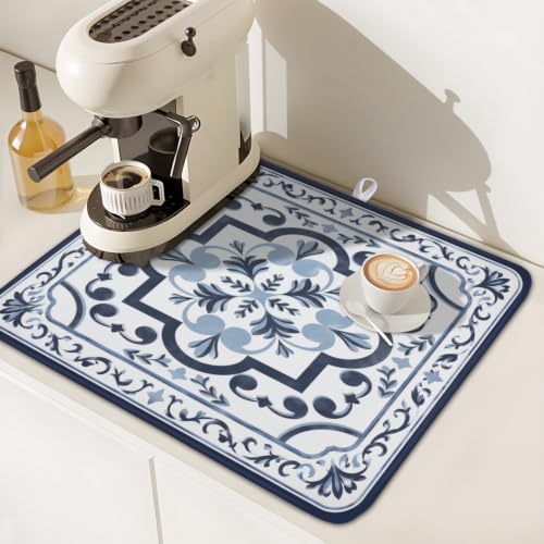 Navy Flower Dish Drying Mat Modern Boho Microfiber Dishes Drainer Pad 16x18 Inch Absorbent Fast Dry Dish Rack Mat for Kitchen Counter Sink