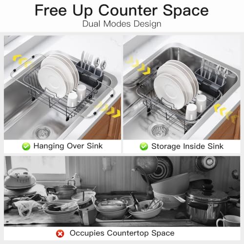 Gray Dish Drying Rack in Sink with Utensil Holder