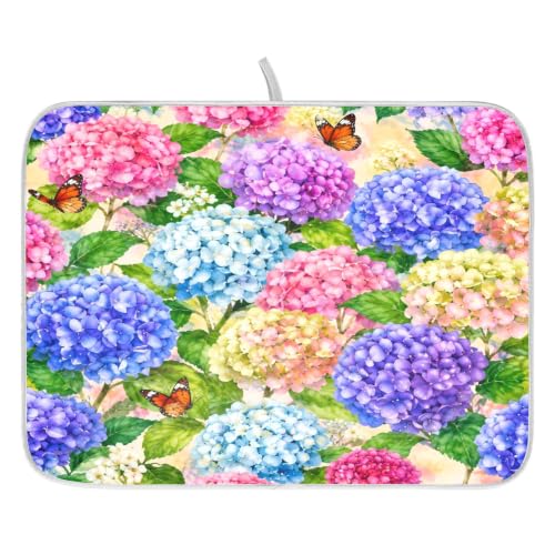 Hydrangea Flowers with Butterfly Dish Drying Mat for Kitchen Counter Absorbent Microfiber Large Drying Pad Dish mats for Kitchen Countertops 18 x 24 Inch